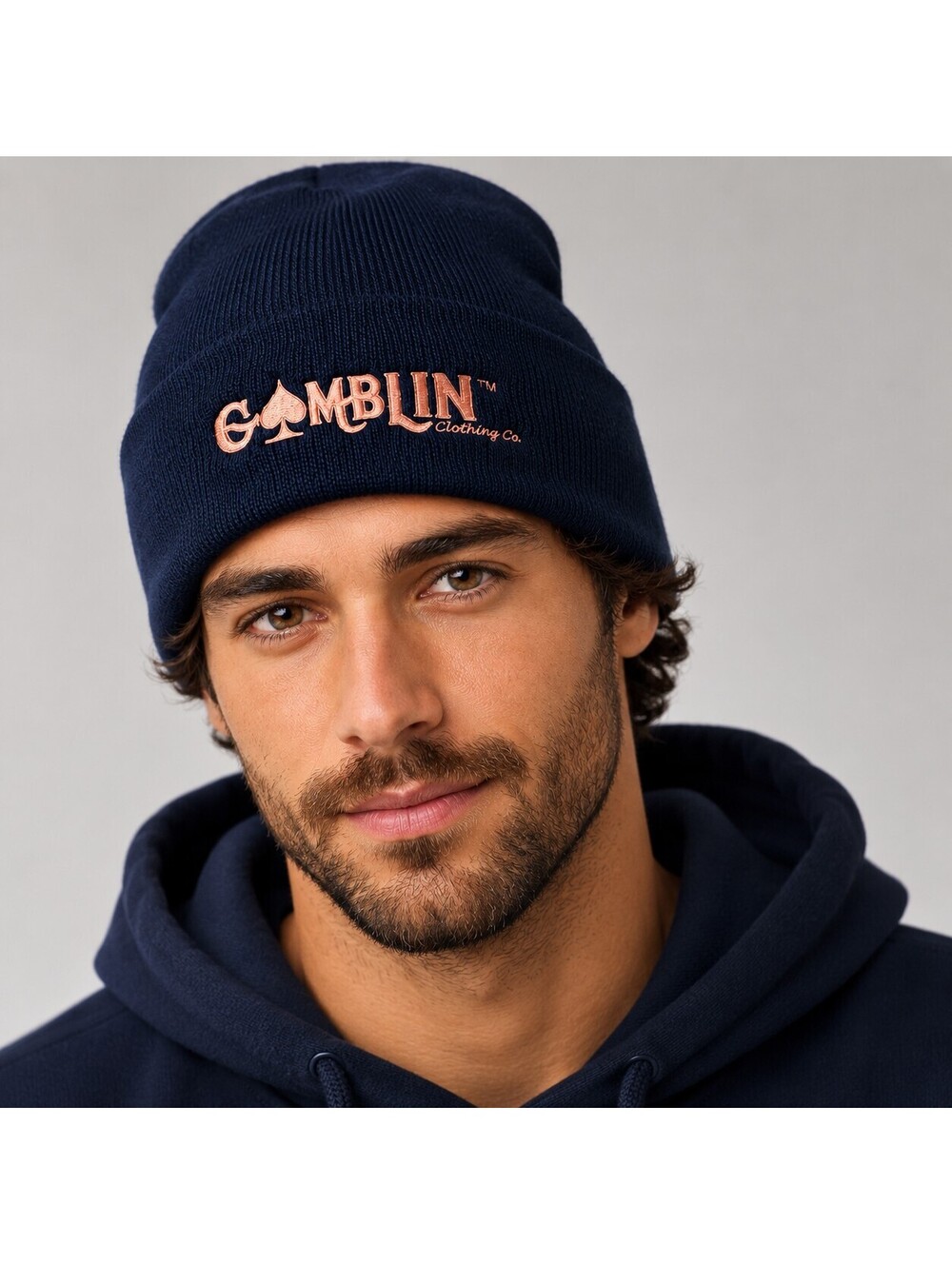 Gamblin Clothing Co. Navy Blue Knit Beanie Hat with Pink Logo Embroidery
